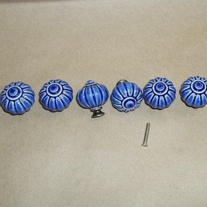 (6)  Ceramic Drawer Knobs Pulls Blue New! 1.25" wide & 1.5" high